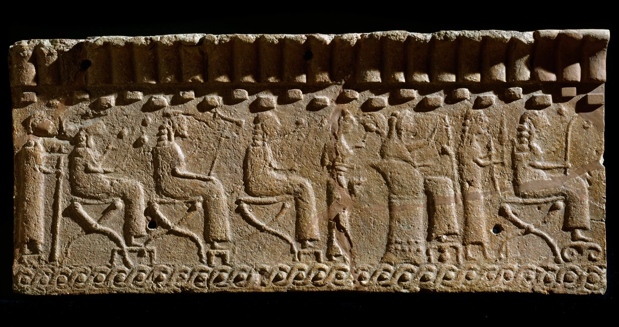 Etruscan civilization: terracotta frieze adorned with low reliefs of divinities and seated dignitaries. 580 BC Dim. 24x54 cm. From Murlo Palace. Murlo, Antiquarium Comunale by Etruscan