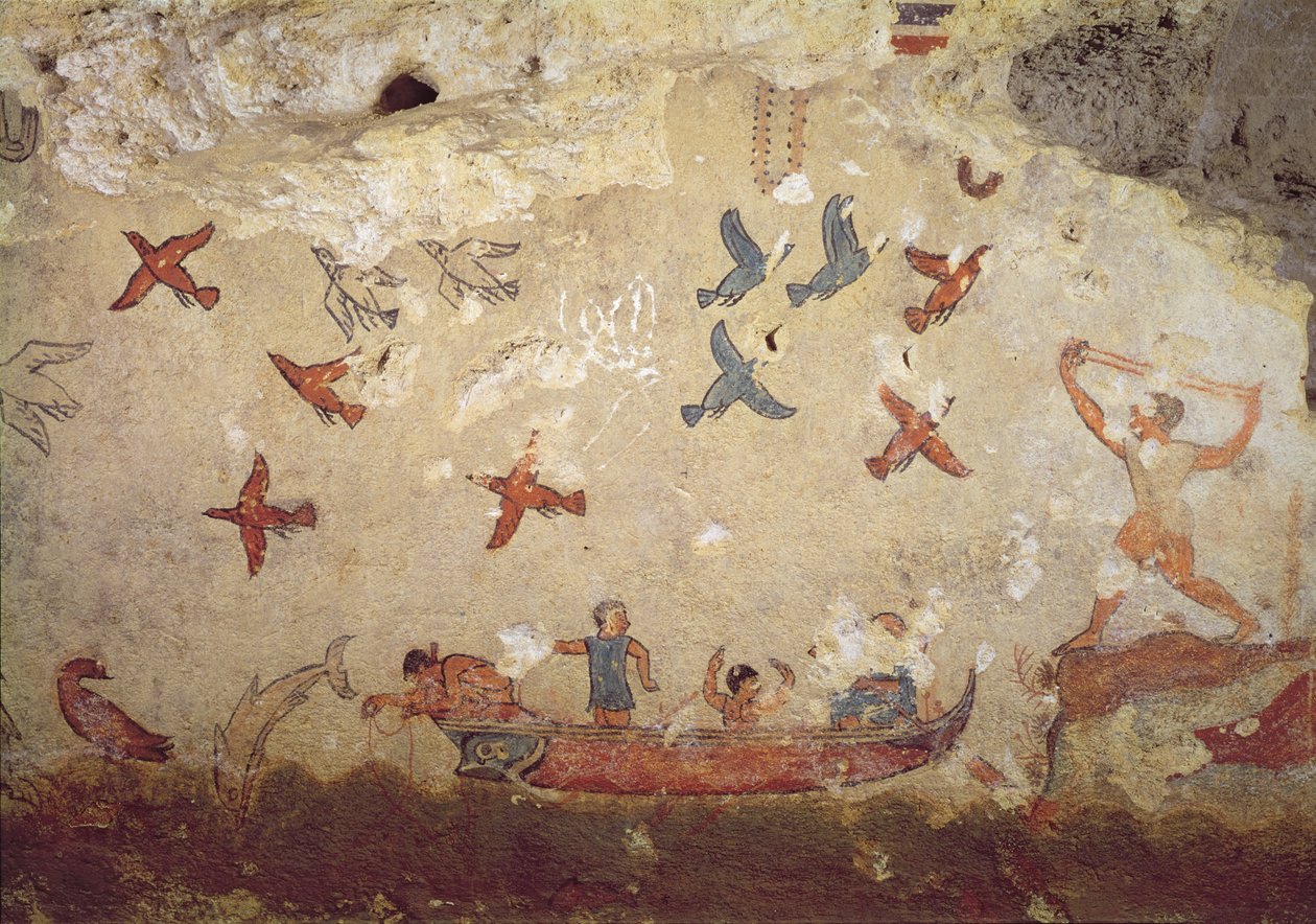 Fishermen in a boat and birds flying, from the Tomb of Fishing and Hunting, c.520-510 BC by Etruscan