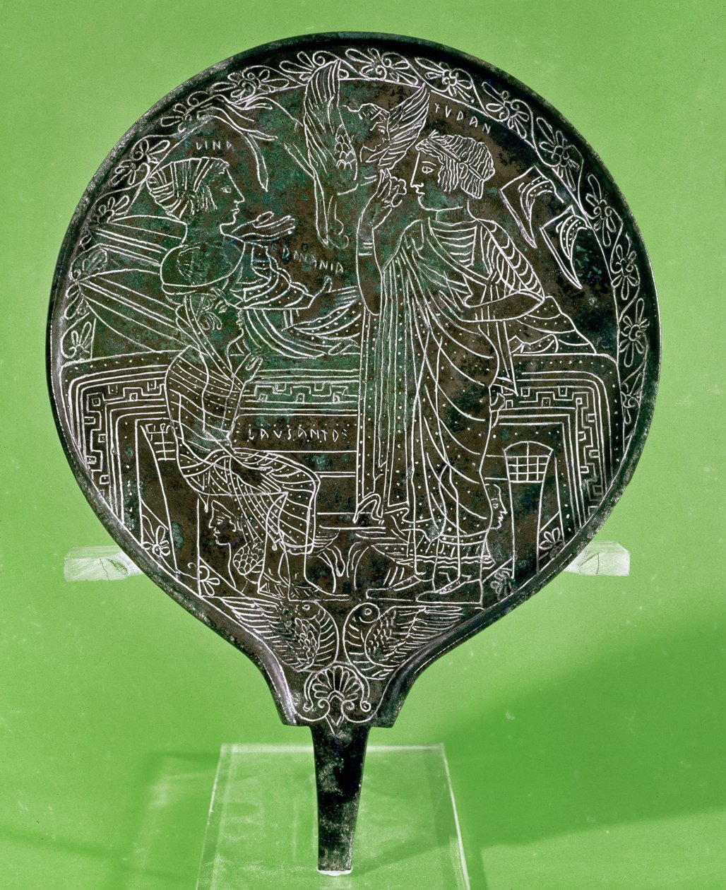 Mirror depicting Aphrodite persuading Helen to follow Paris to Troy ...