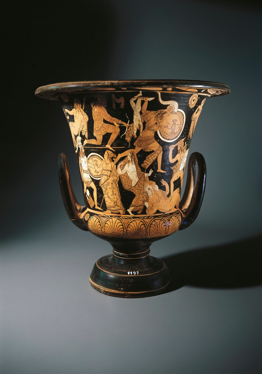 Red-figure pottery, calyx krater depicting Neoptolemus, Astyanax, Helen of Troy and Priamo on ground by Etruscan