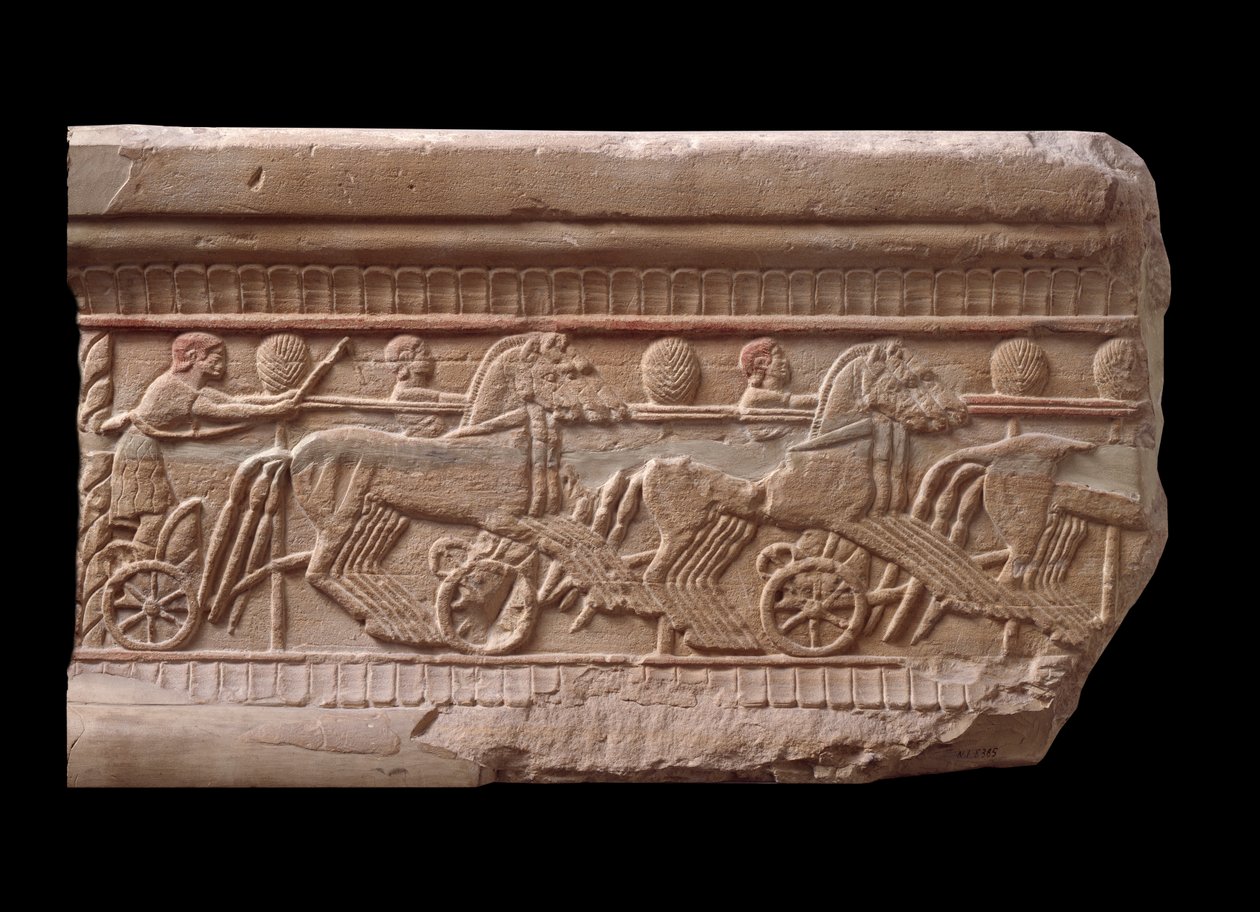 Relief with a chariot race from a marble milestone of Chiusi, Italy, 6th Century BC by Etruscan