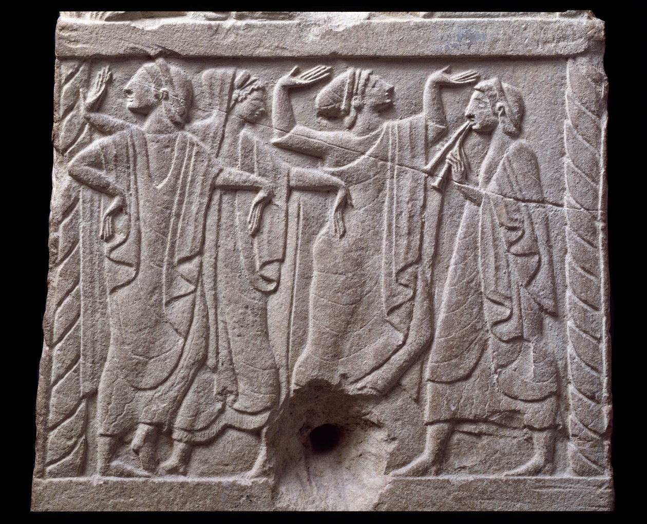 Relief with dancers from a marble milestone of Chiusi, Italy, 6th Century BC by Etruscan Etruscan