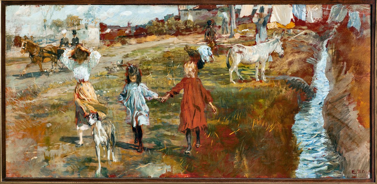 Country Landscape with Children and Dog, a Donkey by the River by Ettore Tito