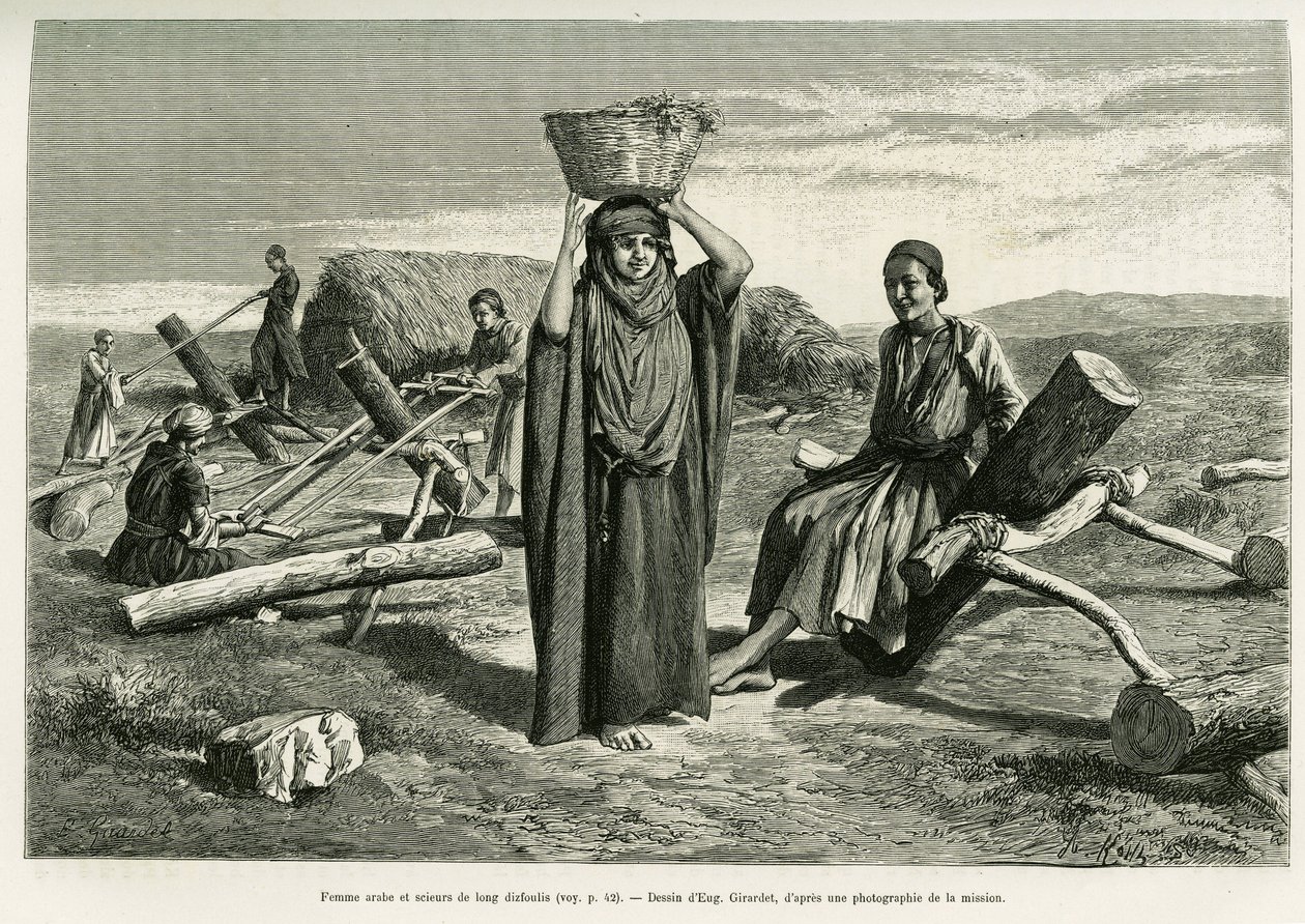 Arab woman and sawers of long ten foulis. Engraving by Eugene Girardet, to illustrate the story 