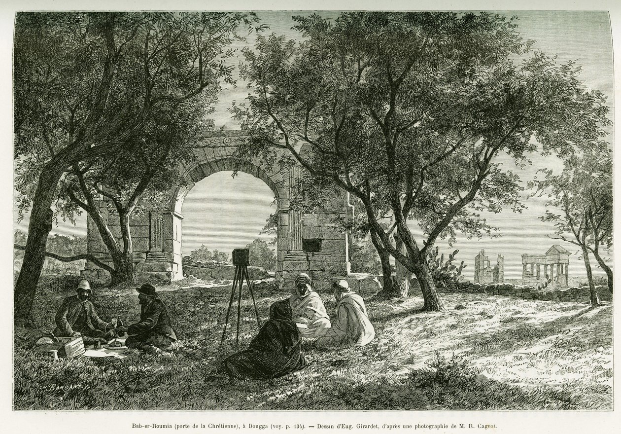 Bab-er-Roumia (Bab er Roumia), gate of the Christian woman, Roman ruins in Dougga, picnic of travelers and their guides, around a camera. Engraving by Eugene Girardet, to illustrate the story 