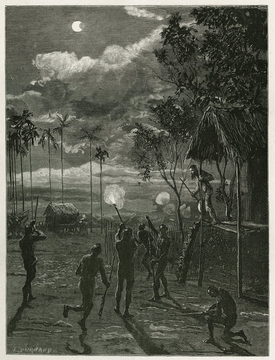 Dr. Harmand awakens in the middle of the night by the noise of the rifles of the indigenous Khas, shooting at the moon subjected to an eclipse, at Attopeu (Laos), engraving by Eugene Burnand, to illustrate the story of Laos and the wild populations of Indo by Eugene Burnand