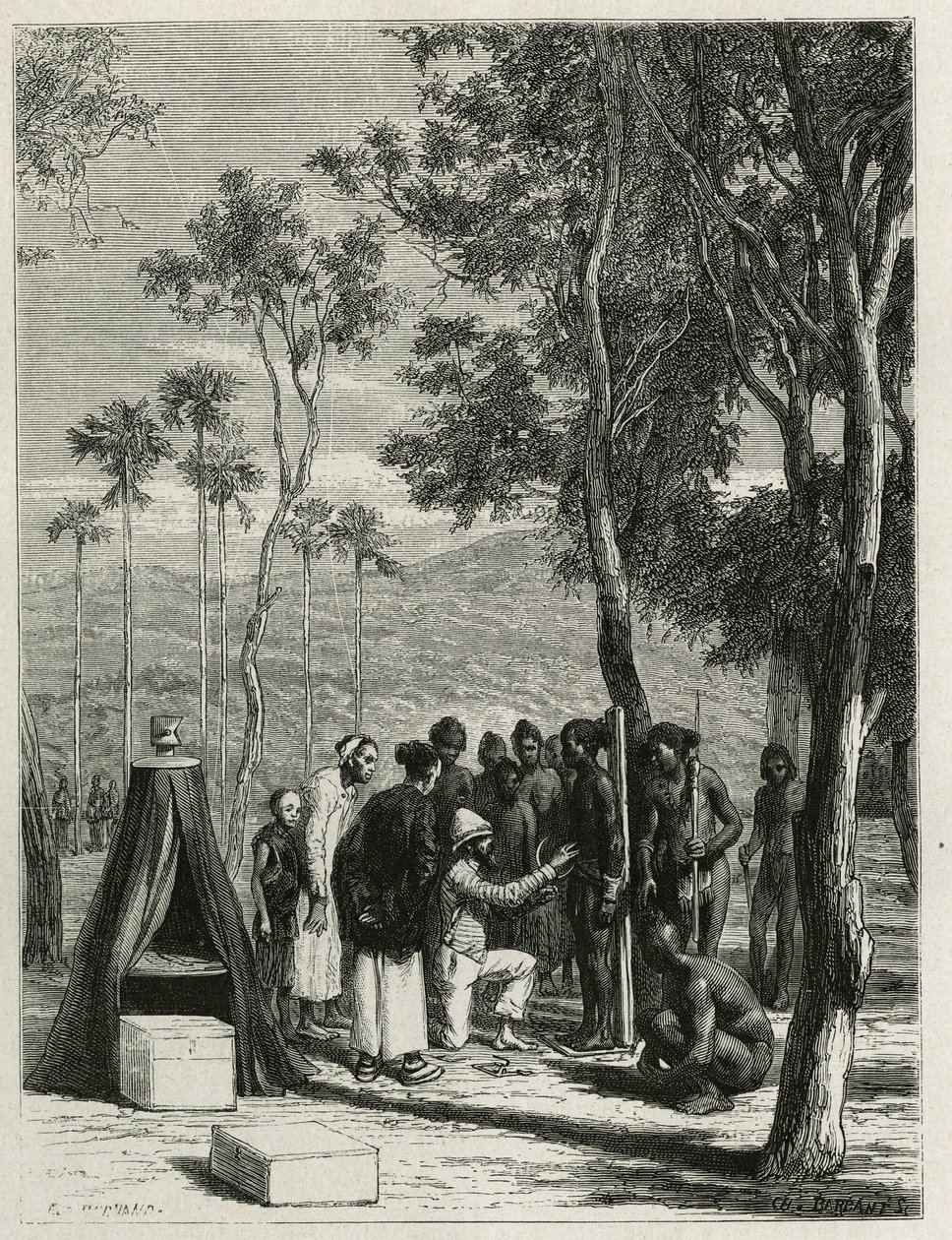 Dr. Harmand proceeds with anthropological measurements on the indigenous Khas (Engraving by Eugene Burnand) by Eugene Burnand