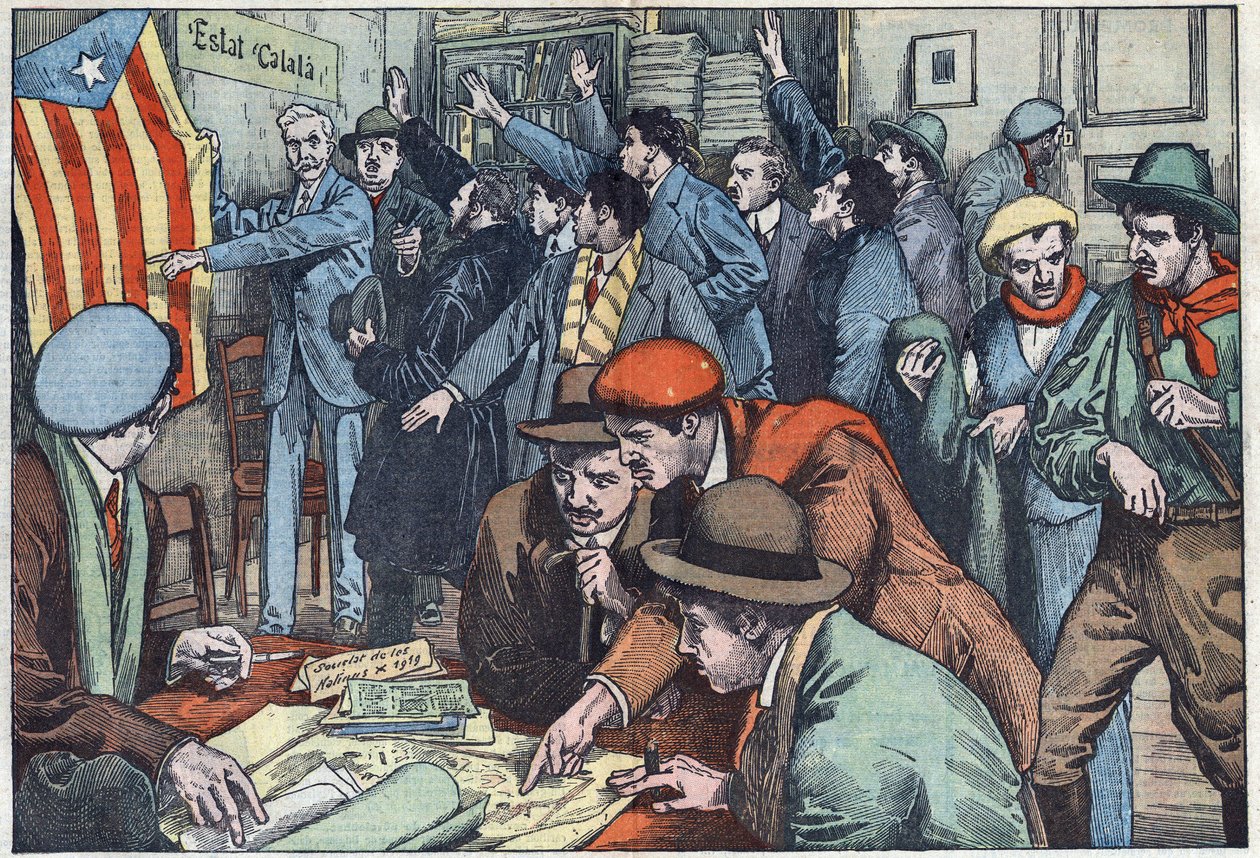 Catalan separatists are preparing their plot in Paris. Illustration of Damblans. In “Le Pelerin” of November 28 by Eugene Damblans