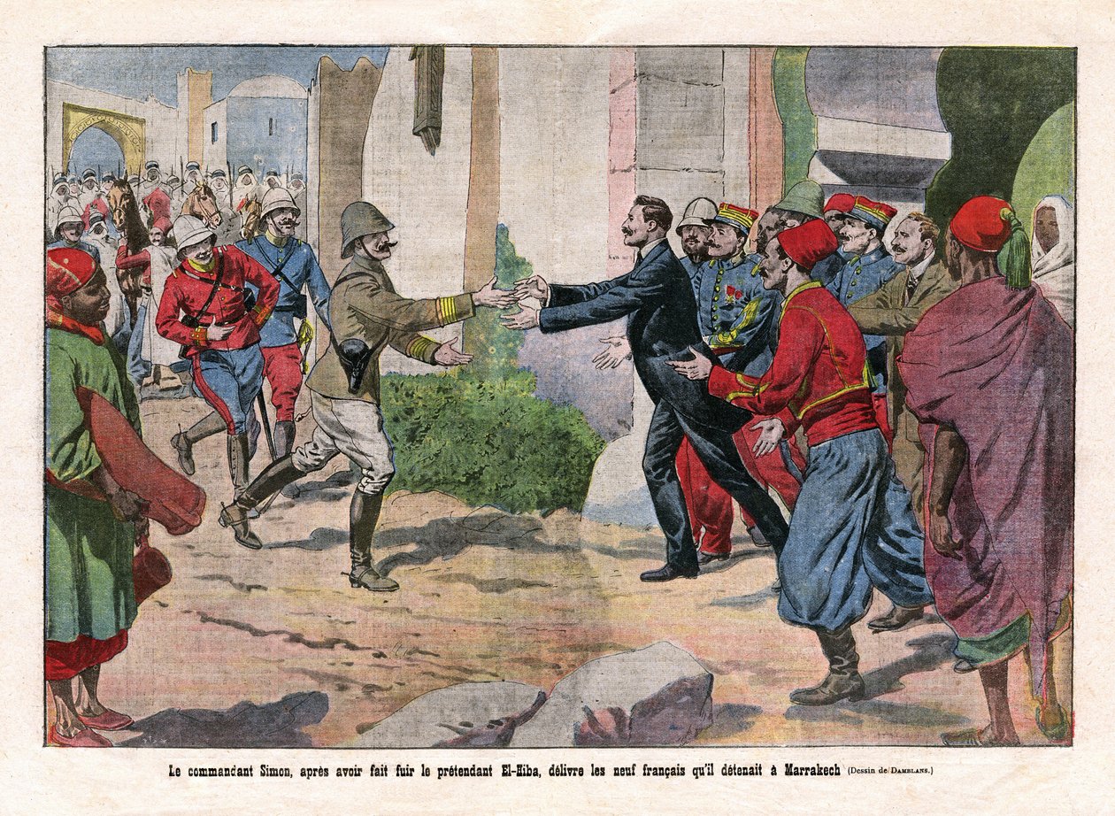 Events of Morocco, taken over from Marrakech by the troops of Hubert Lyautey and Charles Mangin. Commander Simon, after having fled the pretender El-Hiba, released the nine by Eugene Damblans