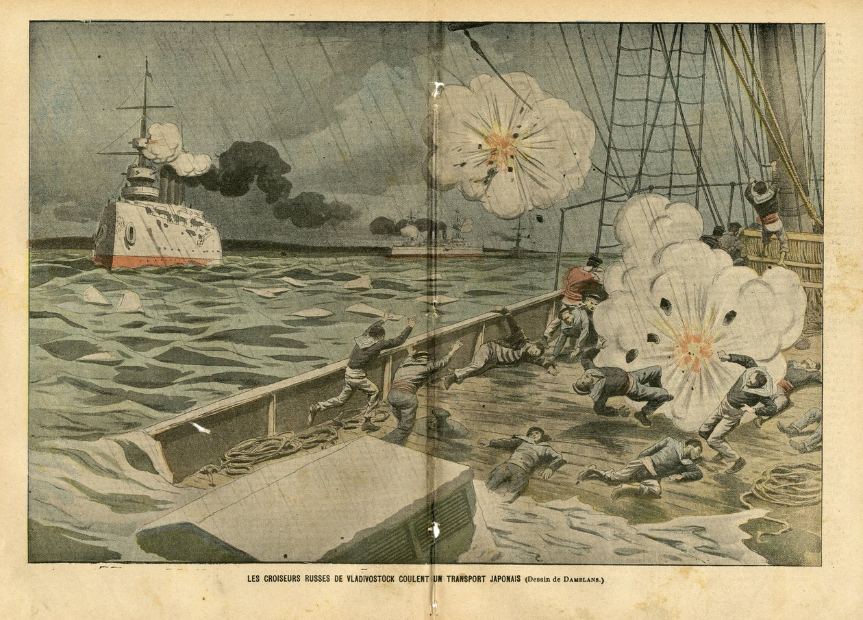 Illustration of Eugene Damblans (1865-1945) in Le Pelerin, 28/02/04 - The Russian cruisers of Vladivostok sink a Japanese transport by Eugene Damblans