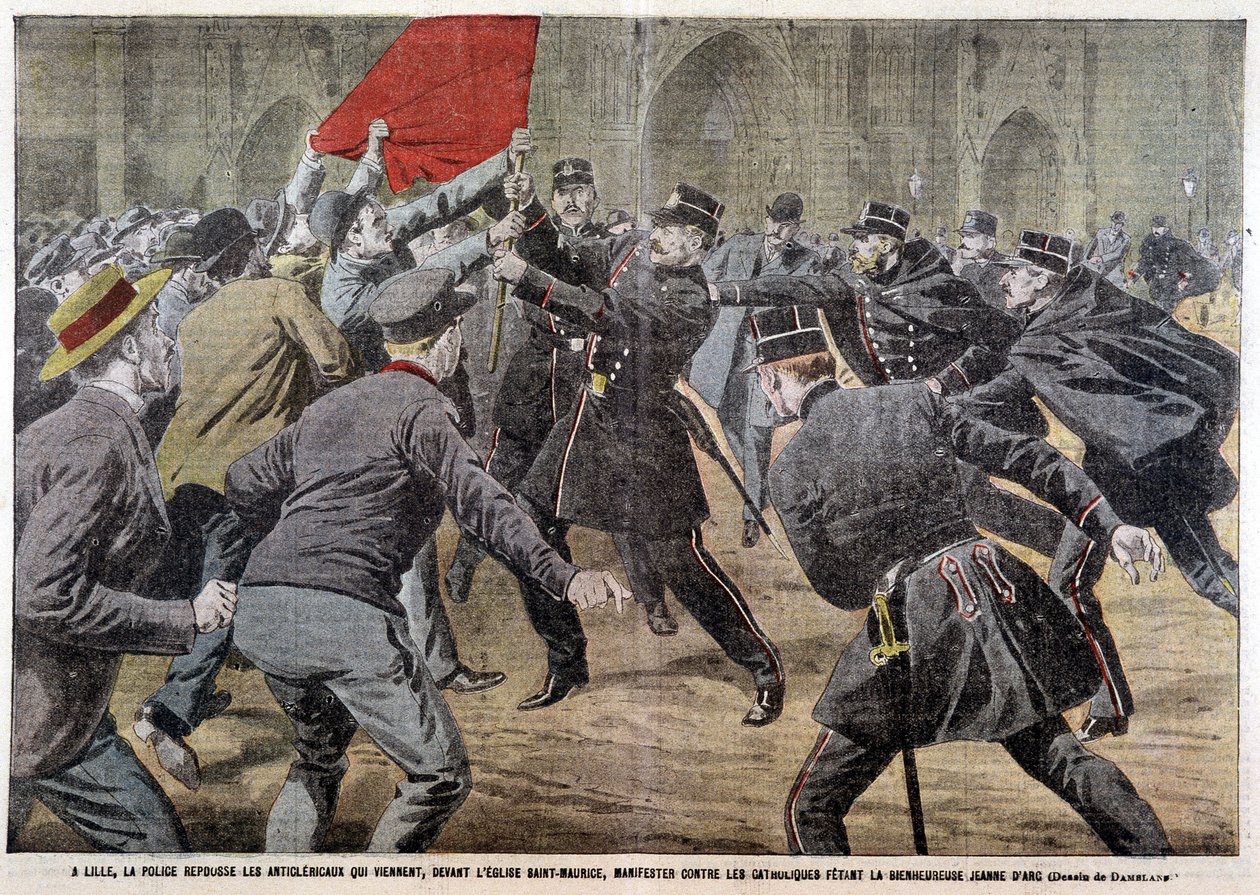 In Lille, the police repel the anticlerics who come, in front of the church of St Maurice, to protest against Catholics celebrating Joan of Arc by Eugene Damblans