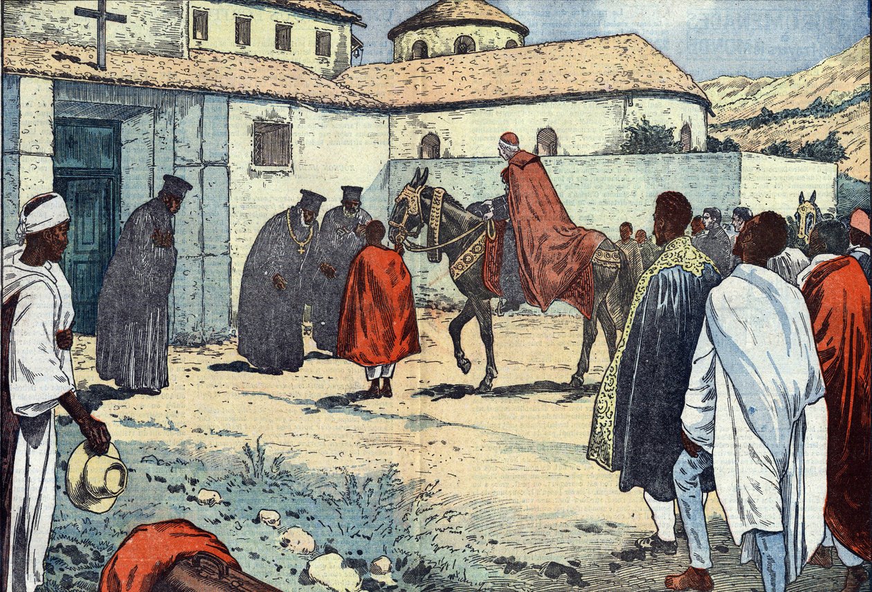 Monsignor Lepicier of the Order of the Servites of Mary, Archbishop of Tarsus, Received at the Coptic Monastery of Debre-Bizen. Illustration of Damblans. In Le Pelerin of August 21 by Eugene Damblans