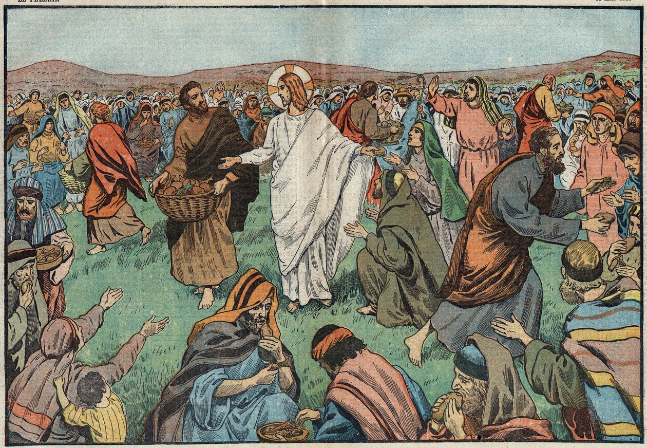 The Multiplication of Loaves: Jesus Christ Satisfies the Population by Multiplying Five Loaves and Two Fish. Illustration of Damblans. In Le Pelerin of March 18 by Eugene Damblans