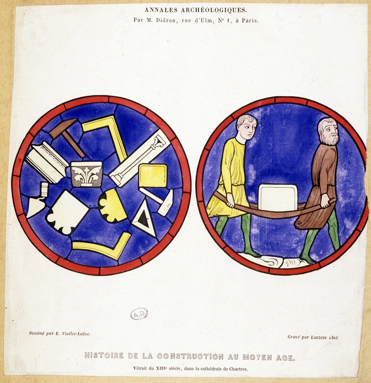 History of Construction in the Middle Ages: Facsimile of 13th Century Stained Glass Windows, in the Cathedral of Chartres - Drawn by Eugene Viollet-le-Duc (1814-1879) and Featuring Several Masonic Symbols by Eugene Emmanuel (after) Viollet le Duc