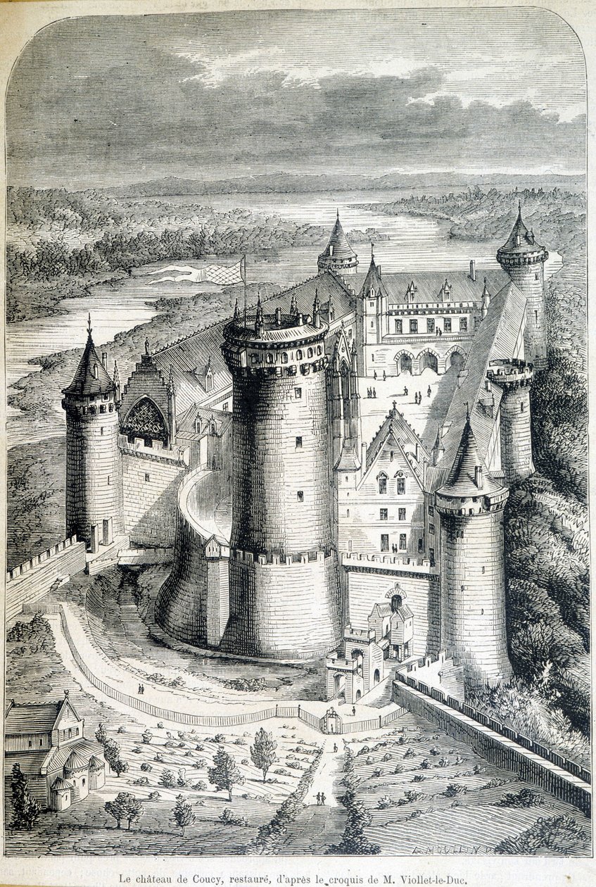 Le chateau de Coucy, restored - engraving from the sketch by Eugene Viollet-le-Duc (Viollet le Duc) (1814-1879) - Le Monde illustrious of 8/05/1858 by Eugene Emmanuel (after) Viollet le Duc