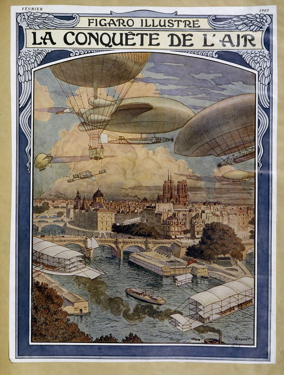 Air Conquest: Airship, Balloon and Hot Air Balloon over Paris - Cover in "Figaro Illustré" of February 1909 by Eugene Grasset