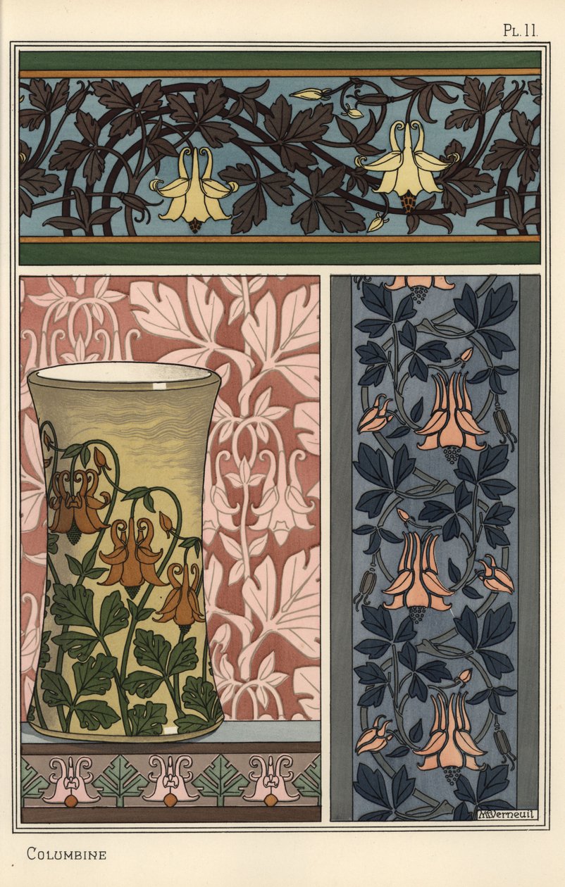 Columbine Flower in Patterns for Wallpaper, Fabric, and Vase by Eugene Grasset