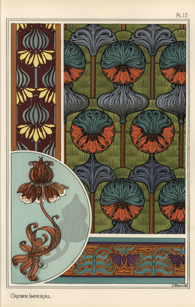 Crown Imperial Flower in Wallpaper and Fabric Patterns, and as Design for a Wrought Iron Lamp by Eugene Grasset