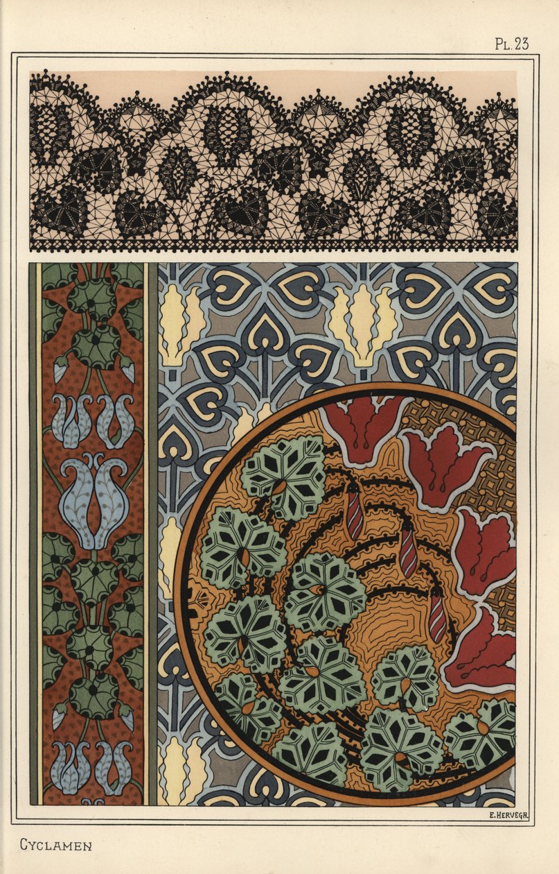 Cyclamen Persicum Motif in Patterns for Lace, Wallpaper, and Fabric by Eugene Grasset