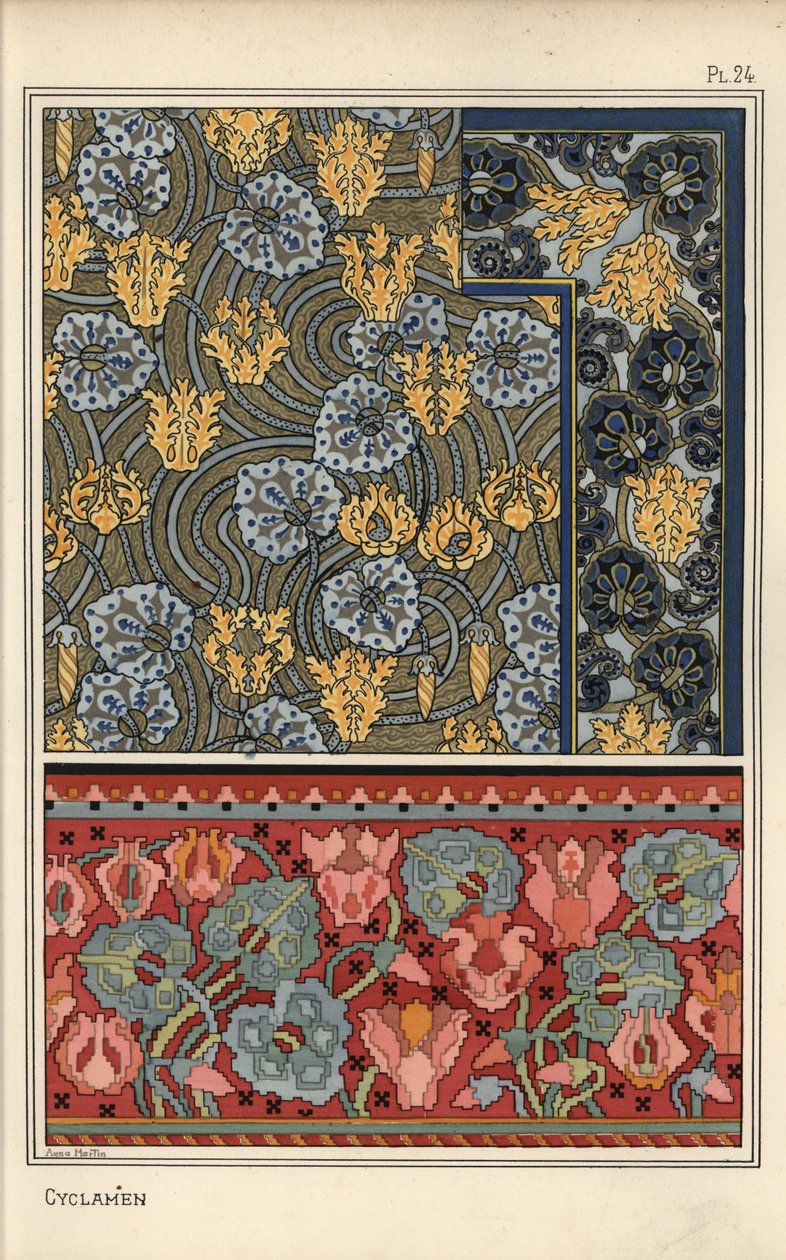 Cyclamen persicum plant as motif in designs for tapestry, fabric and wallpaper by Eugene Grasset