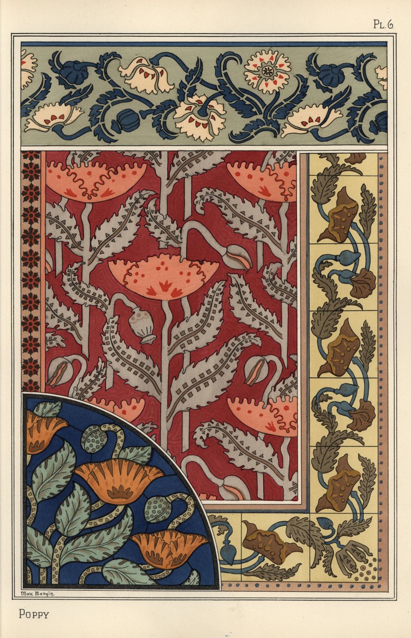 The Poppy, Papaver somniferum, in Stained Glass, Wallpaper, Fabric and Tile Patterns. Lithograph by Marc Mangin by Eugene Grasset