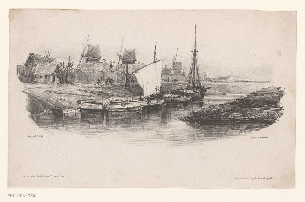 Harbor with Boats and Windmills Bord de Canal Memories of Eugène Isabey (series title) by Eugene Isabey