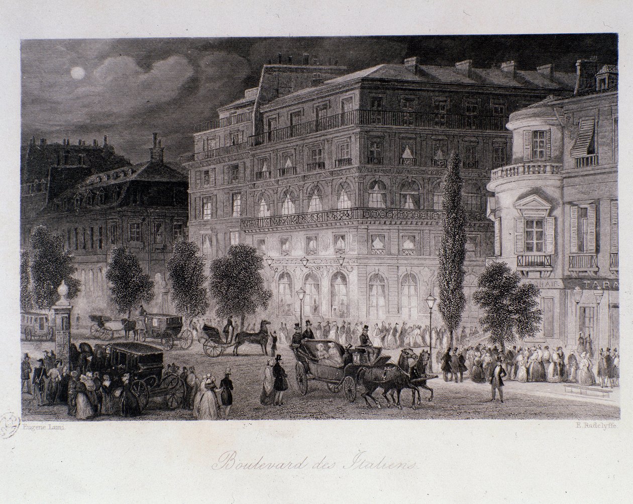 Animation around theatres of the boulevard des Italians in Paris. Engraving by Eugene Louis Lami, 1843 by Eugene Louis Lami