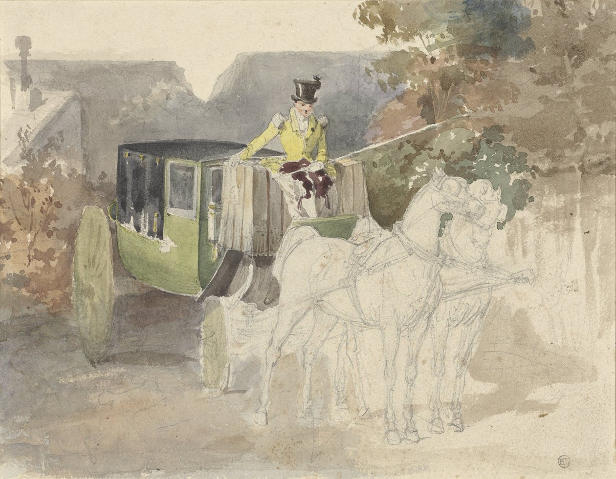 Carriage with Two Horses in a Wooded Area by Eugene-Louis Lami