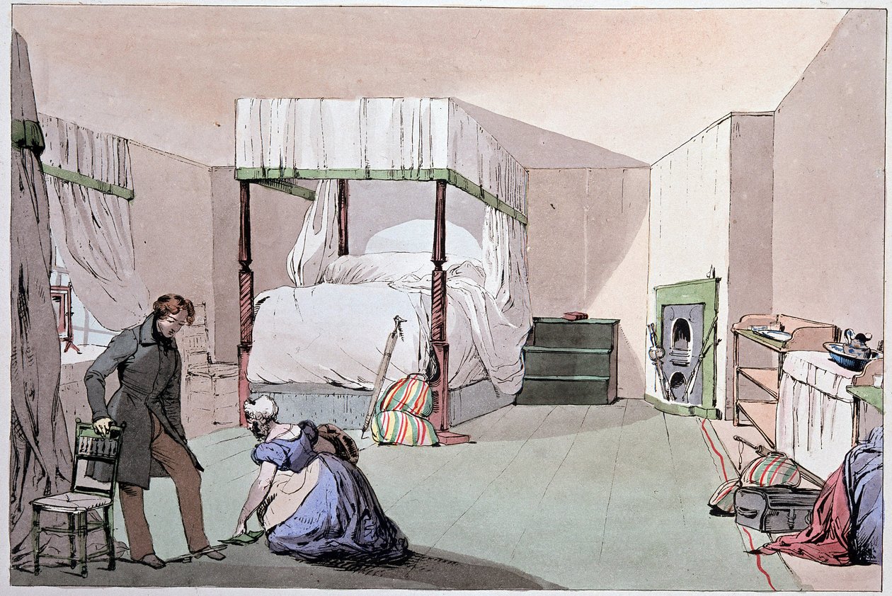Hostel: a servant helping a customer to put on shoes. Illustration by Eugene Louis Lami (1800-1890), mid-19th century by Eugene Louis Lami