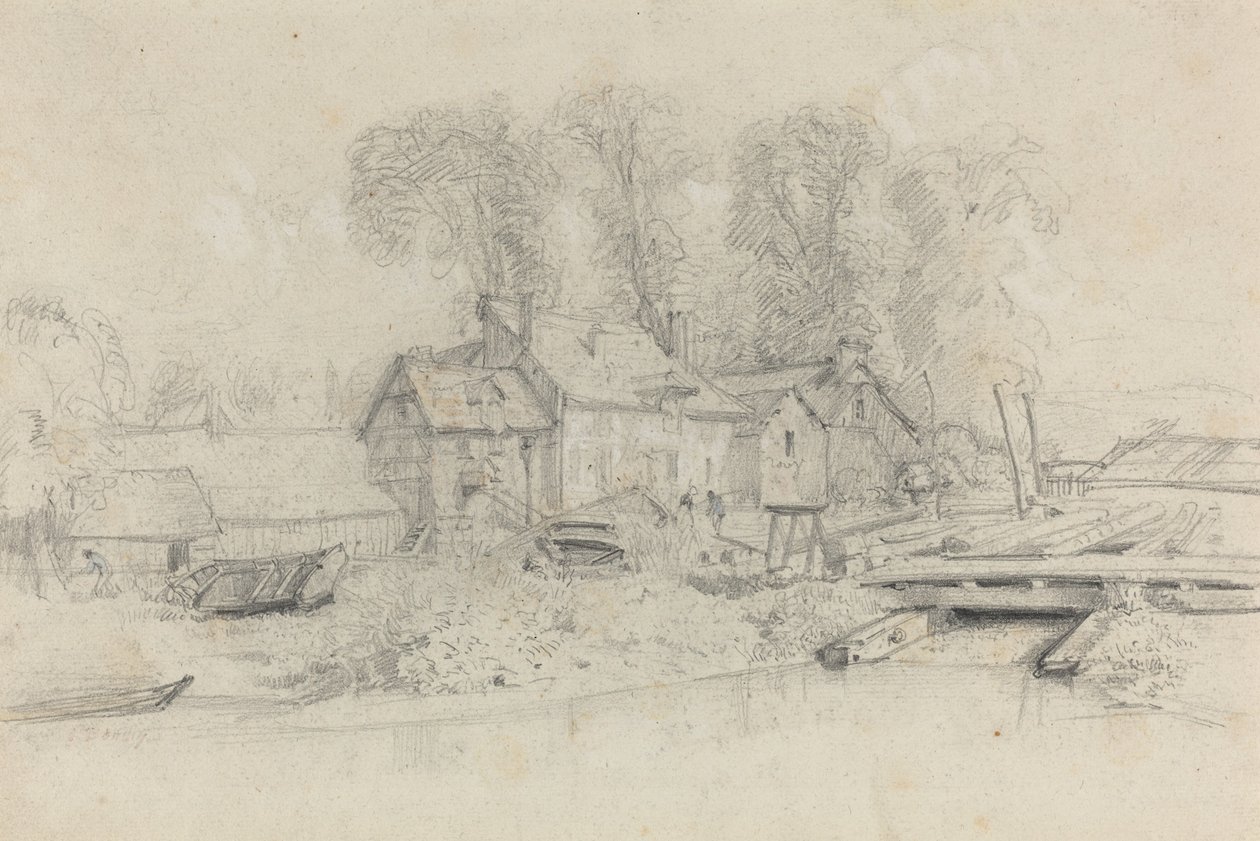 River Landscape with Buildings, Boats, and Figures by Eugène Boudin