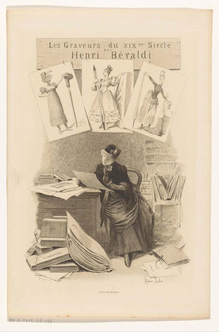 Woman looking at prints behind a desk by Eugène Gaujean