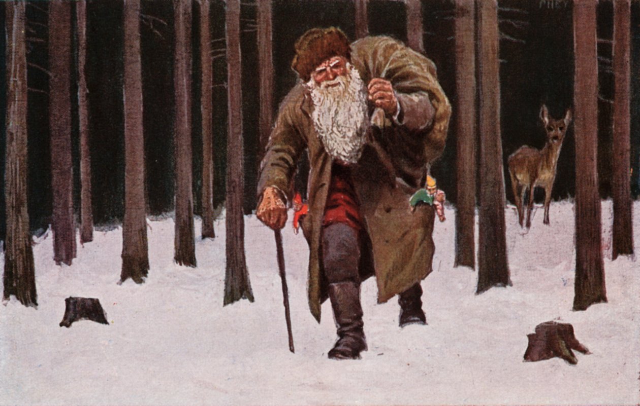 Christmas Card, Santa Claus Trudging Through the Snow with Bag of Presents, Deer in Background by European School