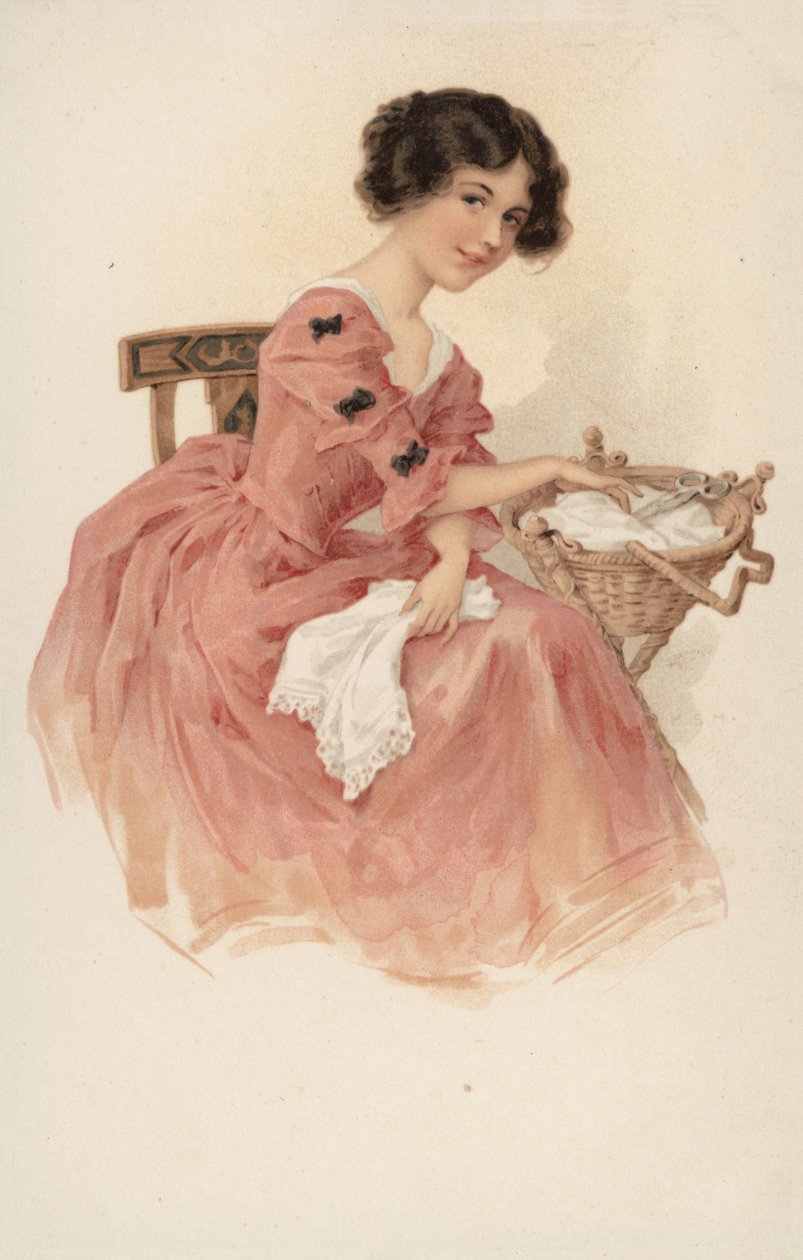 Girl in Pink with a Sewing Basket by European School