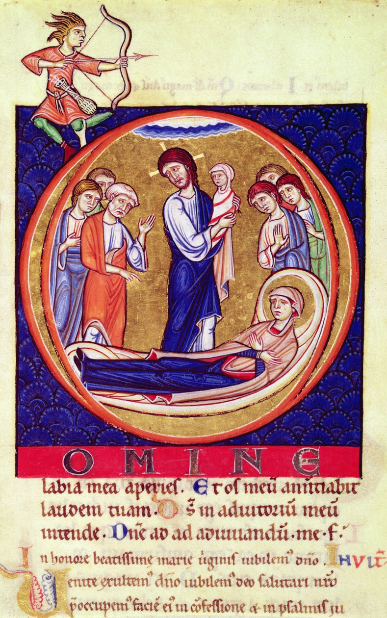 Historiated initial depicting the death of the Virgin, from an unknown manuscript, 12th-13th century by European School