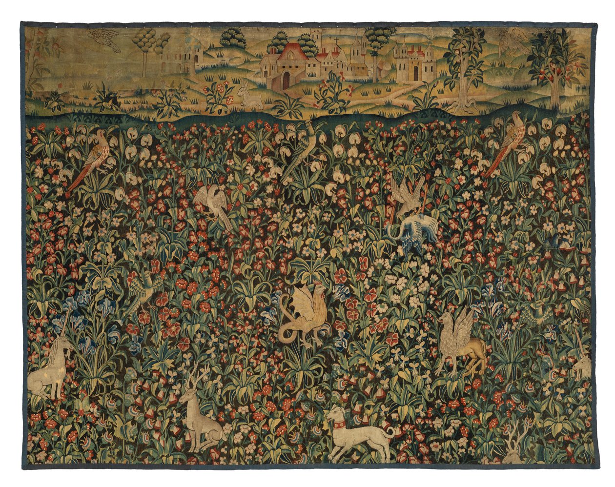 Mille fleurs tapestry fragment depicting animals, birds and landscape, c.1500 by European School