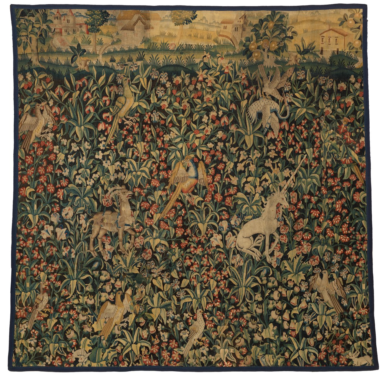 Mille fleurs tapestry fragment depicting animals, birds and landscape by European School