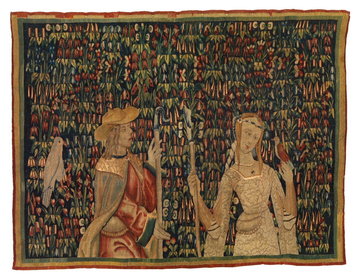 Mille Fleurs Tapestry Fragment Depicting Shepherd and Shepherdess or Lady and Youth by European School