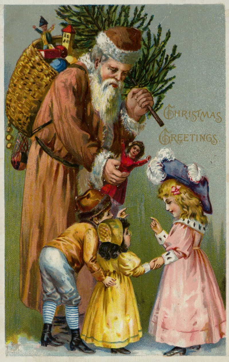 Santa Claus Giving Presents and a Christmas Tree to Children by European School