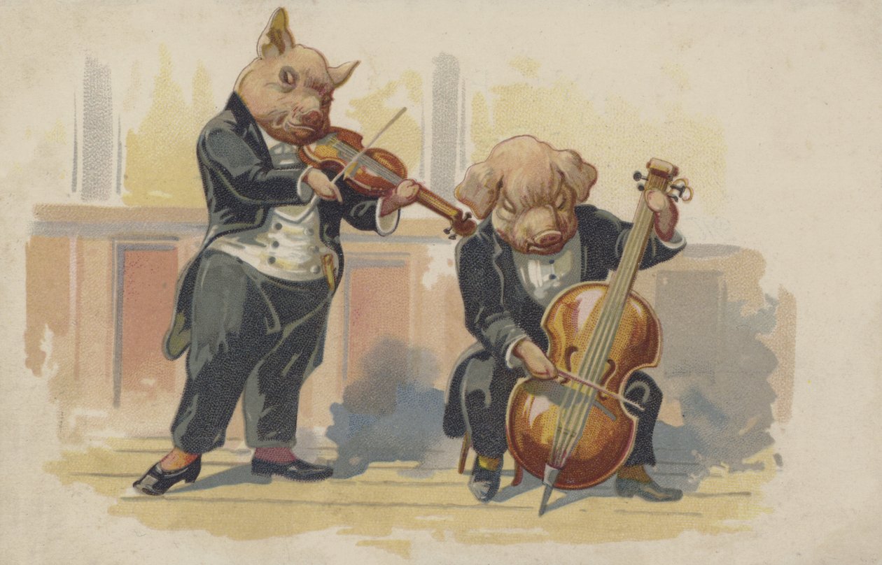 Two Pigs Playing Musical Instruments by European School