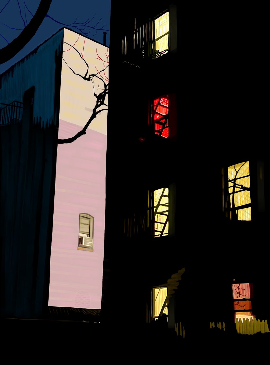 Colorful Windows of Apartment Buildings at Night, Brooklyn by Evan Sklar