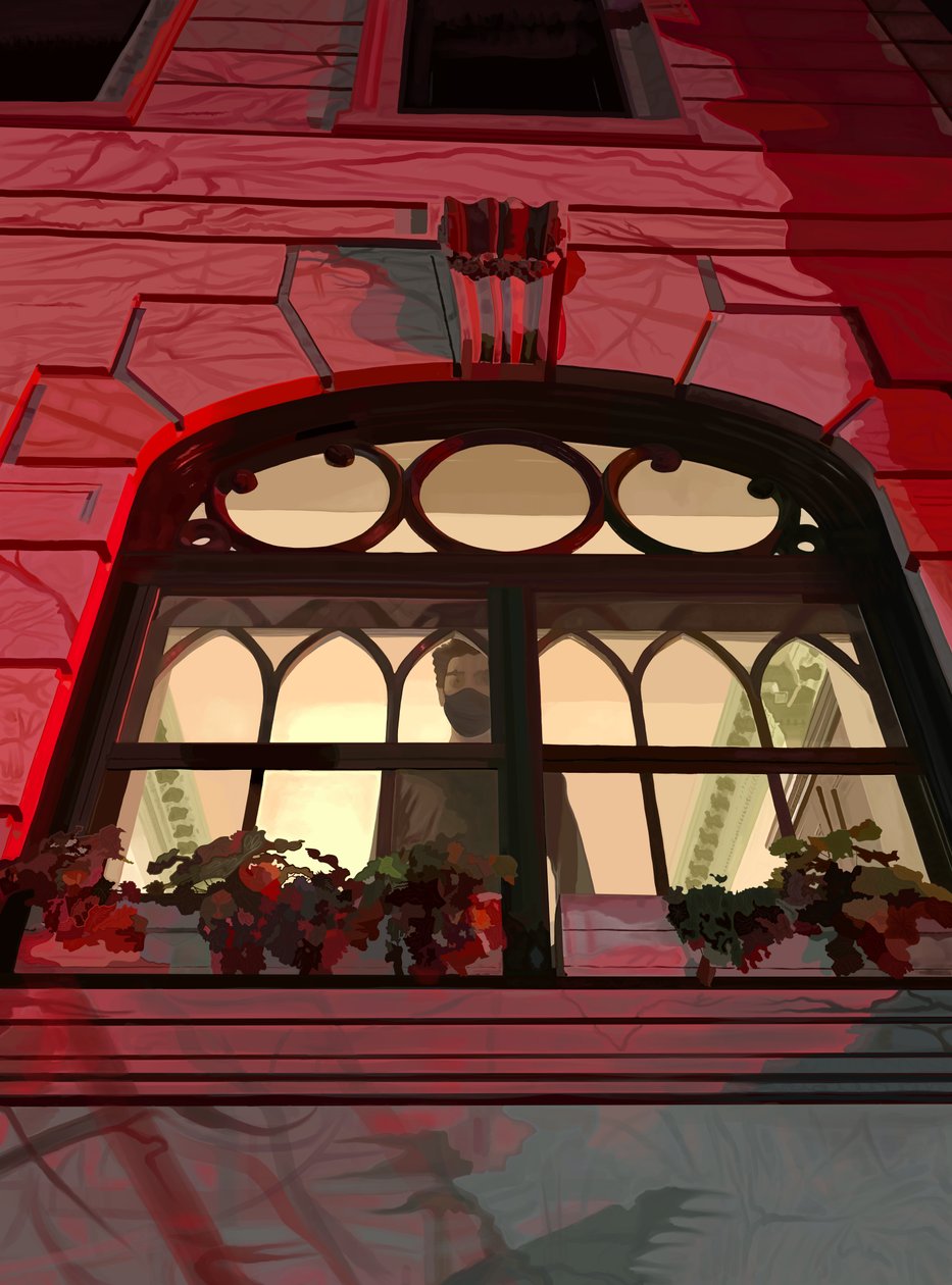 Figure In Window Illuminated By Sirens, Brooklyn by Evan Sklar