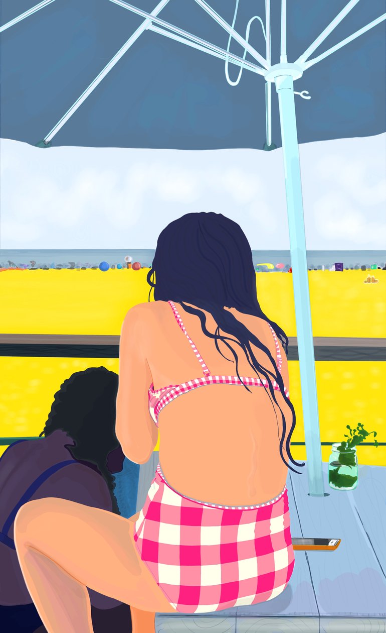 Magenta Gingham At Rockaway Beach by Evan Sklar