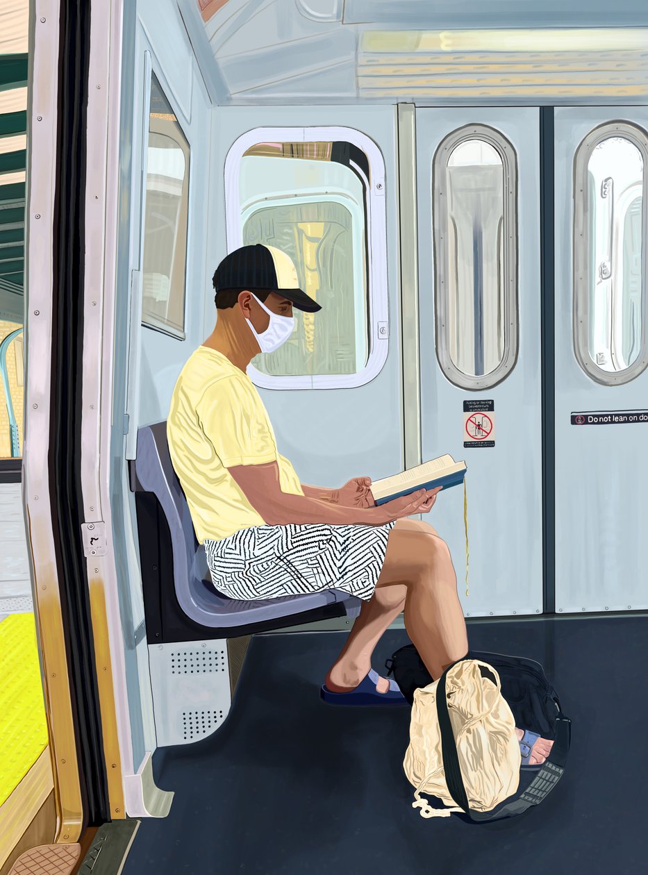 Man in Striped Shorts Reading Book on Subway, c.2020-24 by Evan Sklar