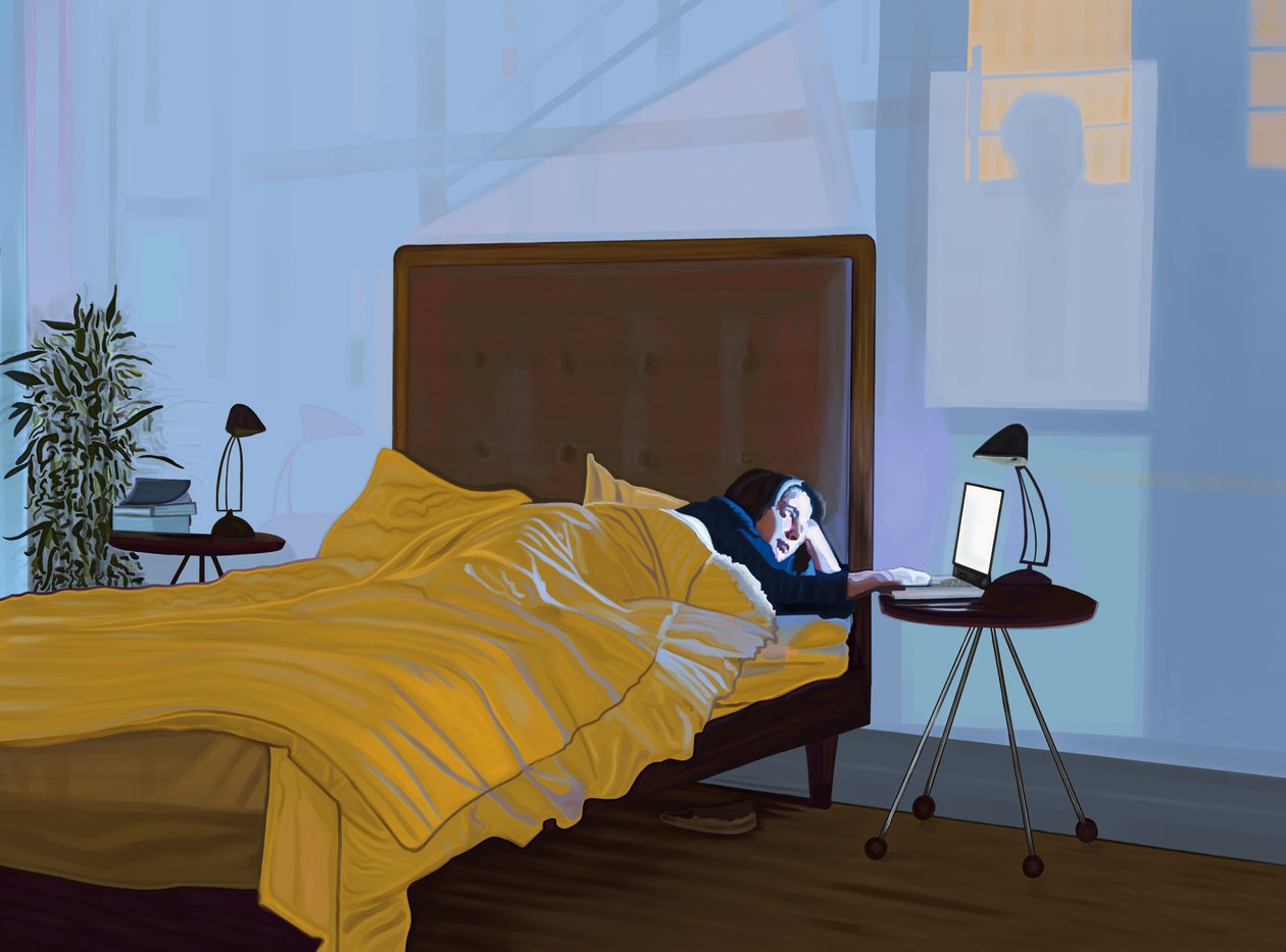 Michelle With Laptop In Bed and Shadow of Manhattan Bridge by Evan Sklar