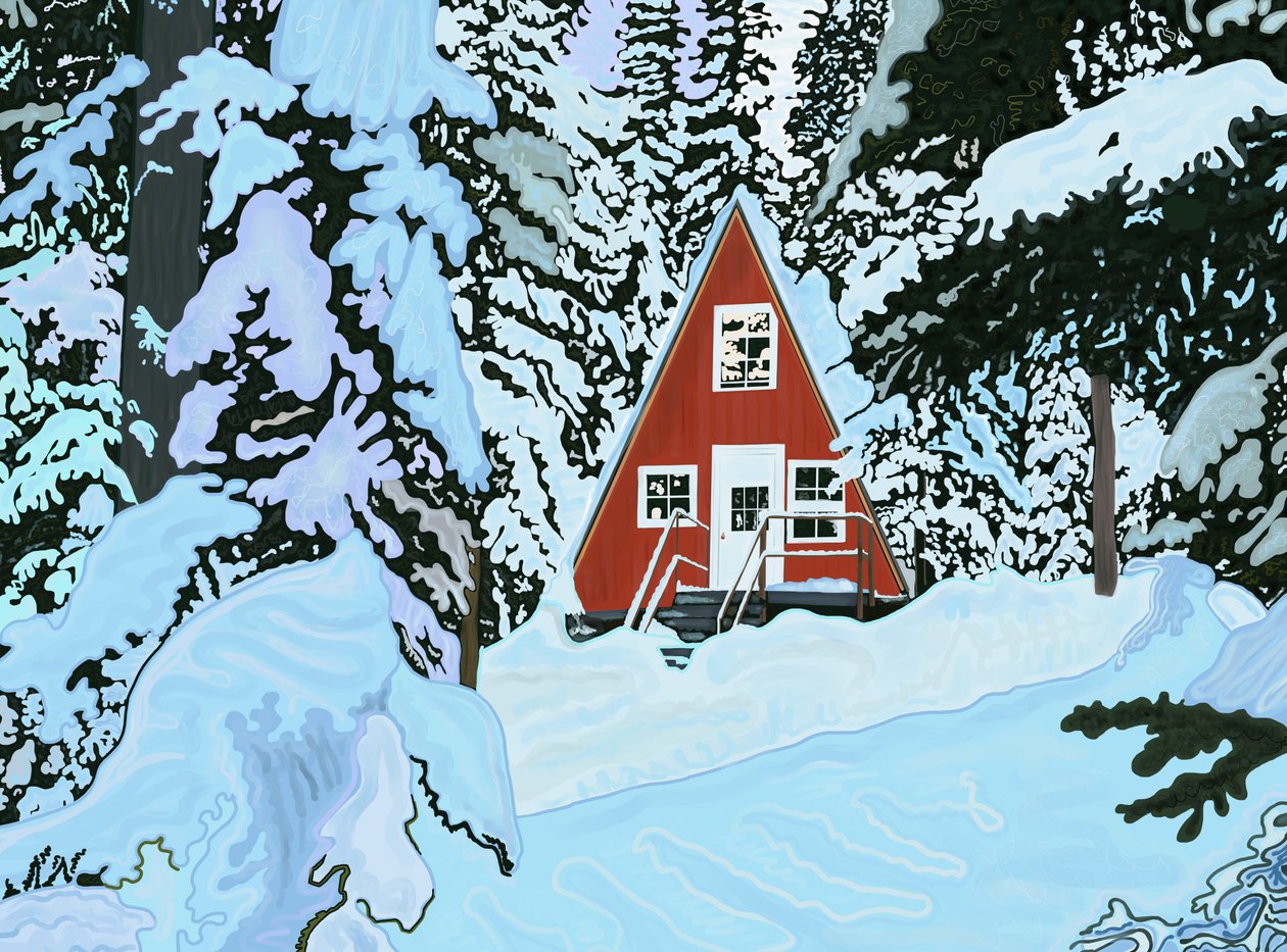 Red, A Frame House In Snow At Night by Evan Sklar