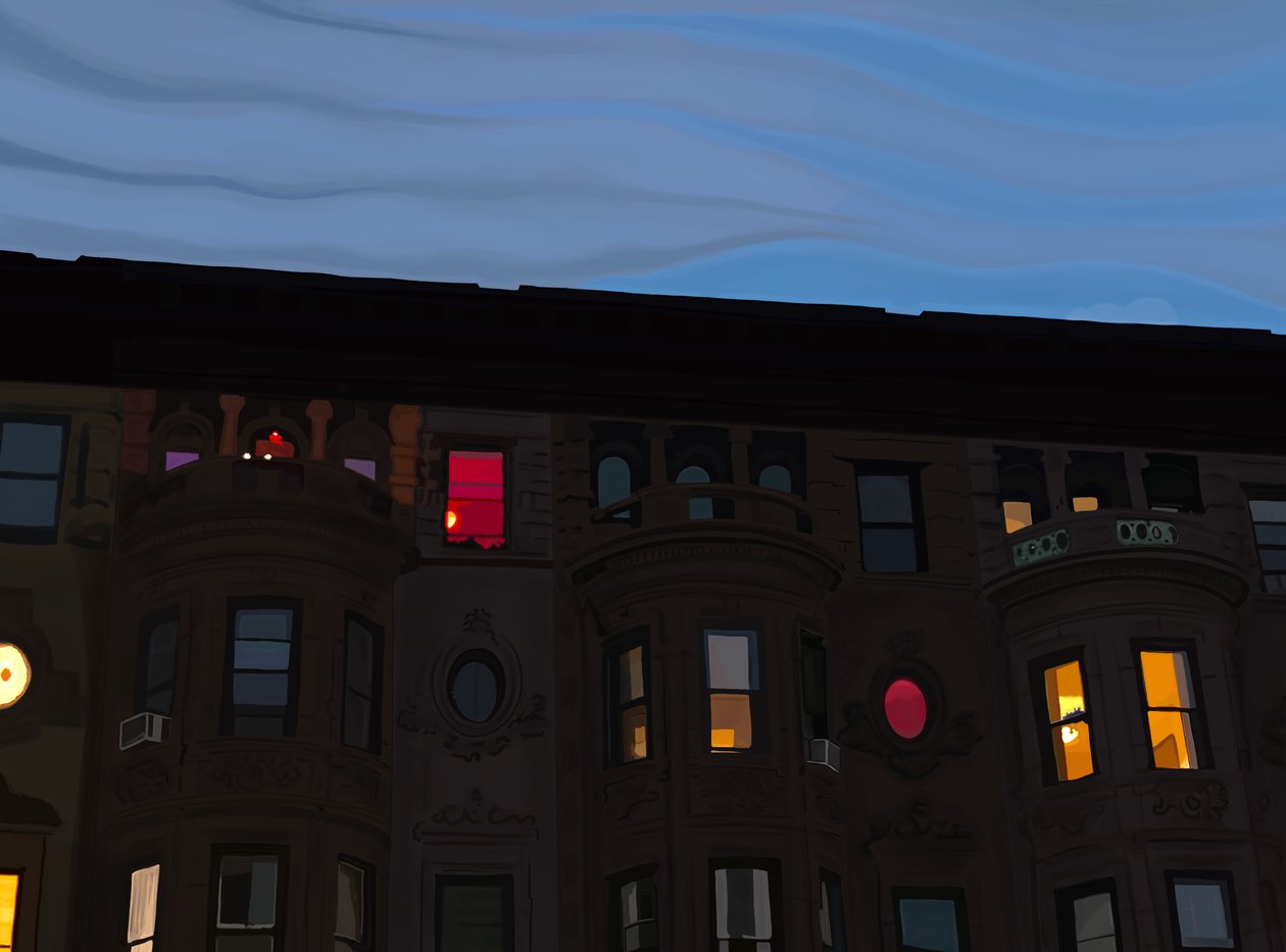 Row Houses With Colorful and Illuminated Windows, Brooklyn by Evan Sklar