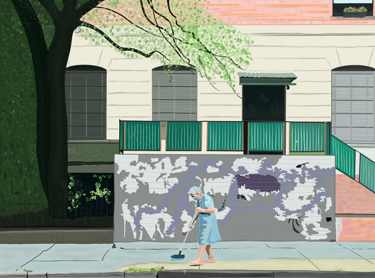 Woman Sweeping Sidewalk, Brooklyn by Evan Sklar