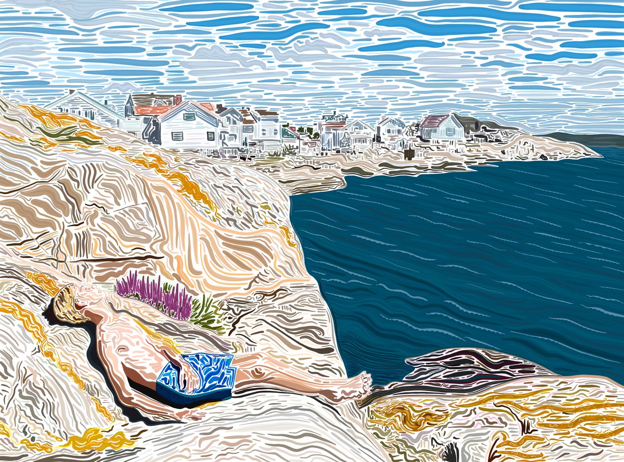Young Man Seaside in Summer Sunning on Rocks by Evan Sklar