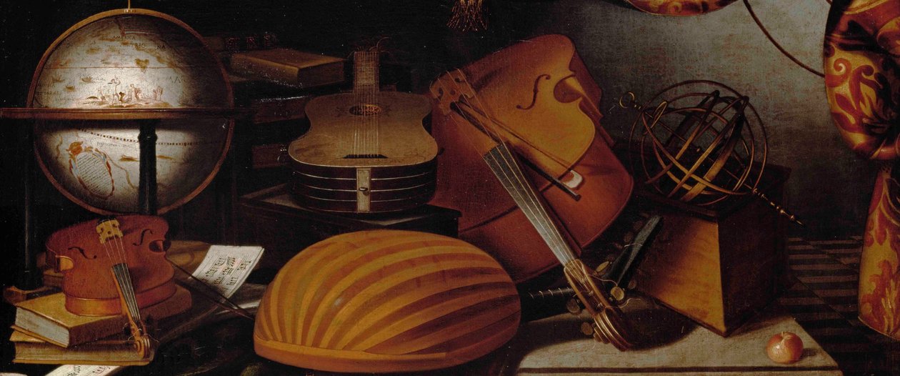 Still Life with Musical Instruments, Globe and Armillary Sphere (detail) by Evaristo Baschenis