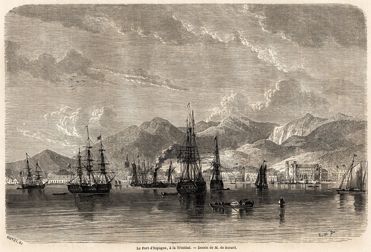 The port of Spain, in Trinidad (Trinidad and Tobago), drawing by Evremond Auguste de Berard, to illustrate the voyages to the West Indies, in 1858-1859, by Anthony Trollope. Engraving in "Le tour du monde, nouveau journal des voyages" by Evremond de (after) Berard